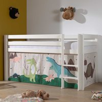 Kinderzimmer Bett aus Kiefer Massivholz Weiß mit Leiter und Dino Vorhang von 4Home