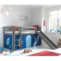 Kinderzimmerbett in Grau und Blau Rutsche und Vorhang von 4Home