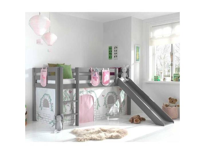 Mädchen Spielbett in Grau und Rosa Leiter und Vorhang von 4Home