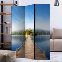 Moderner Raumteiler aus Leinwand und Massivholz Brücke im See Print von 4Home