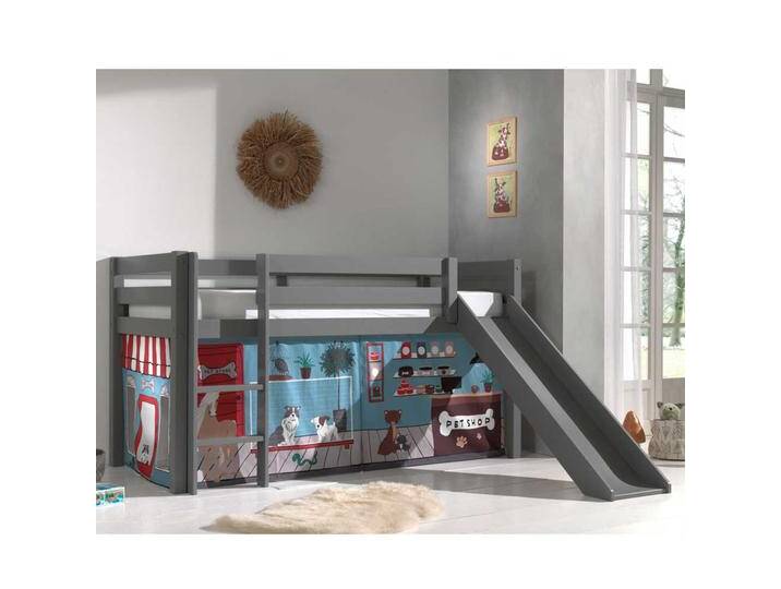 Rutschen Hochbett in Grau Vorhang mit Tier Motiven von 4Home