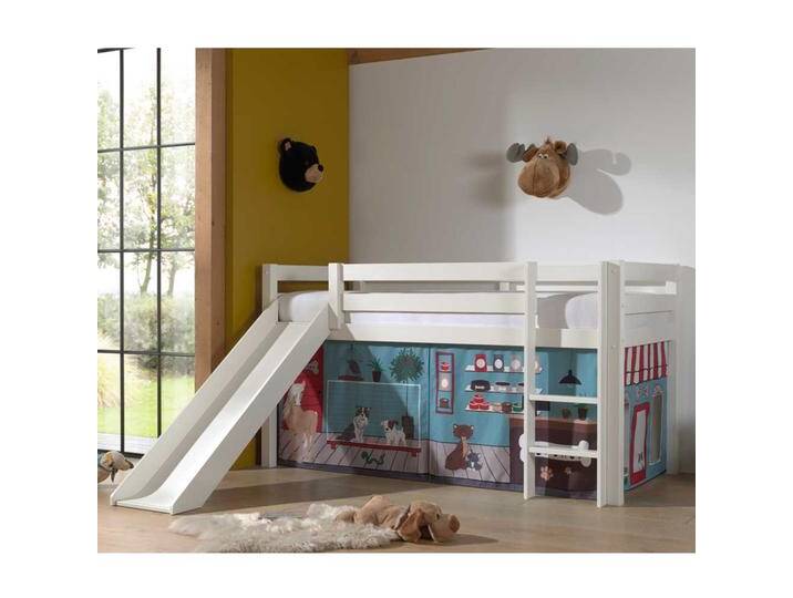 Rutschen Hochbett in Weiß Vorhang mit Tier Motiven Rutschen Hochbett in Weiß Vorhang mit Tier Motiven von 4Home