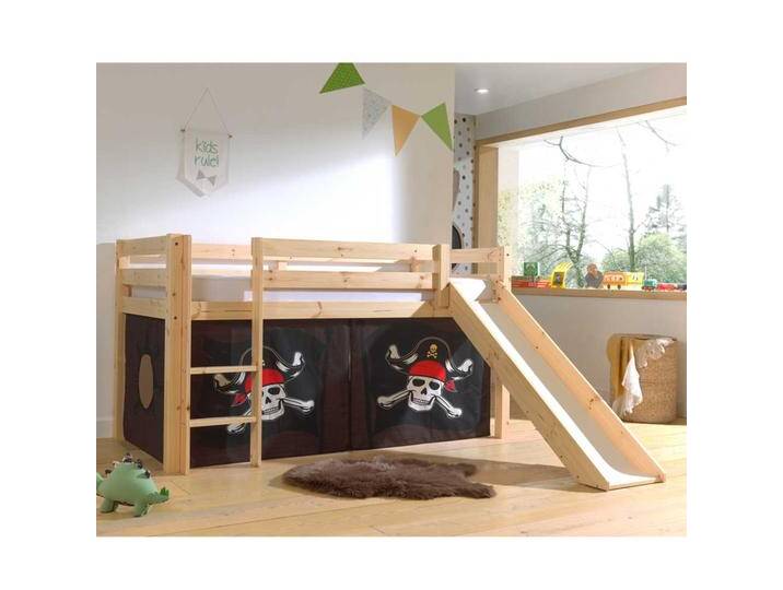 Spielbett Pirat aus Kiefer Massivholz Rutsche & Vorhang von 4Home