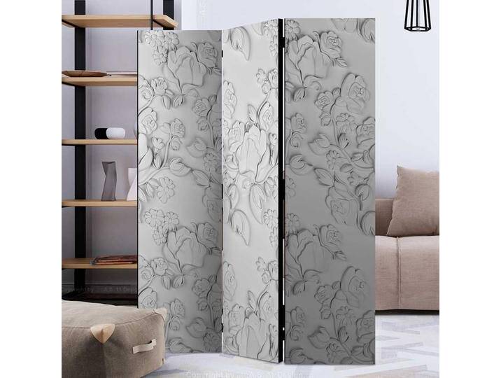 Stuckoptik Paravent in Weiß und Hellgrau Blumen Motiv von 4Home