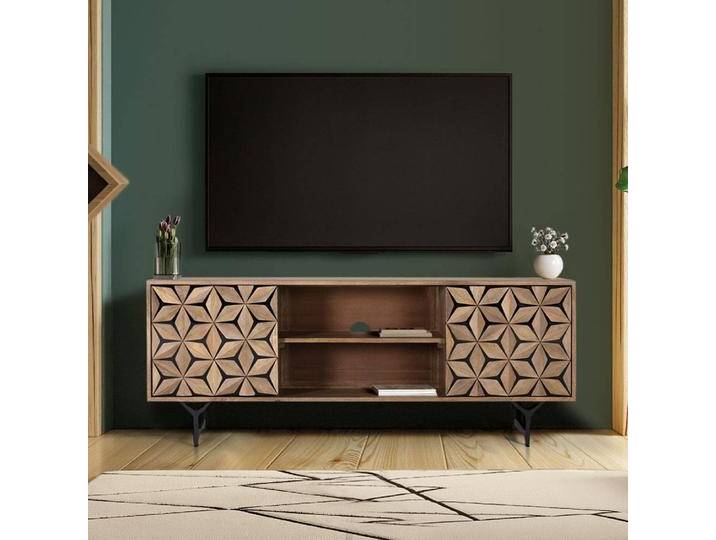 TV Lowboard Fernsehtisch in Mangoholz Naturfarben mit geometrischem Muster von 4Home