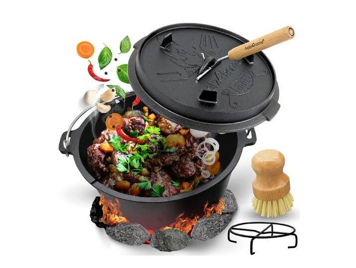 holz4home® Grilltopf Dutch Oven Set aus Gusseisen I Dopf Feuertopf Schmortopf Bräter, Gusseisen (5-tlg), inkl. Deckelheber, schwarz, 5 tlg. von 4Home