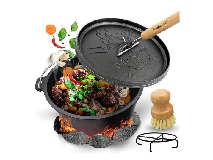 holz4home® Grilltopf Dutch Oven Set aus Gusseisen I Dopf Feuertopf Schmortopf Bräter, Gusseisen (5-tlg), inkl. Deckelheber, schwarz, 5 tlg. von 4Home