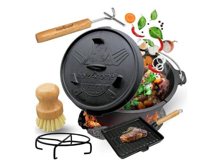holz4home® Grilltopf Dutch Oven Set aus Gusseisen I Dopf Feuertopf Schmortopf Bräter, Gusseisen (6-tlg), inkl. Deckelheber, schwarz, 6 tlg. von 4Home