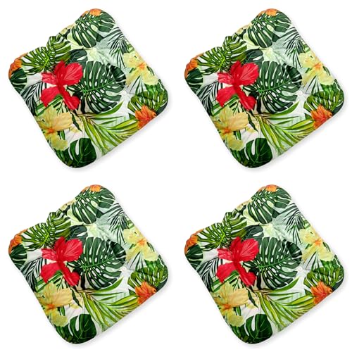 4L Textil 4er Set Stuhlkissen mit Bändern Indoor & Outdoor Sitzkissen 45x45 Gartenstuhlauflagen Sitzauflagen Bodenkissen 40x40 (Blumen Grün, 4er Set | 40x40 cm) von 4L Textil