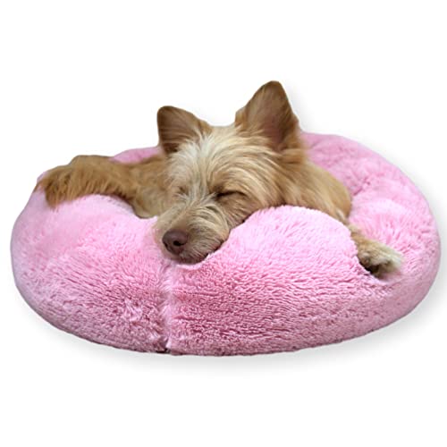 4L Textil Fuzzy Katzenbett flauschig Donut Hundebett kleine Hunde Katzenbett kuschelig weich Plüsch Katzenkörbchen Katzen Kuschelbett (Ø 70 cm, Rosa) von 4L Textil