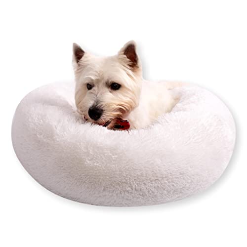 4L Textil Fuzzy Katzenbett flauschig Donut Hundebett kleine Hunde Katzenbett kuschelig weich Plüsch Katzenkörbchen Katzen Kuschelbett (Ø 40 cm, Weiß) von 4L Textil