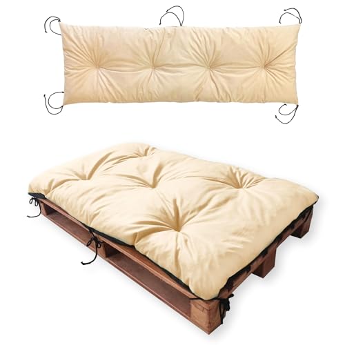 4L Textil Sitzkissen Palettenkissen Outdoor Kissen Sitzauflage Rückenkissen Bankauflage Polsterauflage Gartenpolster Sitzkissen Bank Palettenauflage (Set(120x80 cm +120x40 cm), Beige) von 4L Textil