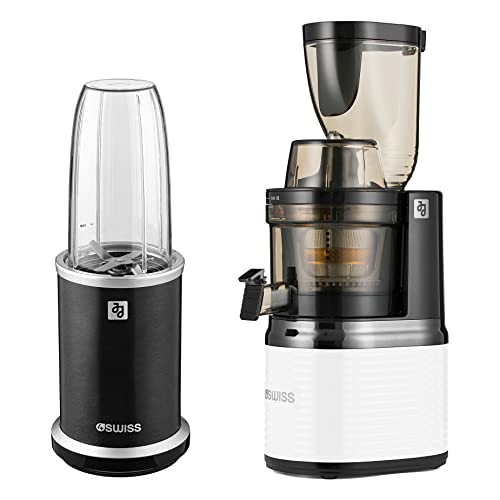 4SWISS Slow Juicer Gemüse Und Obst Elektrisch Saftpresse BPA-frei mit Zubehör [430 W] und Smart Blender [ Gratis ] Multifunktionaler Mixer für Smoothies, Shakes und vieles mehr (Snow White) von 4Swiss