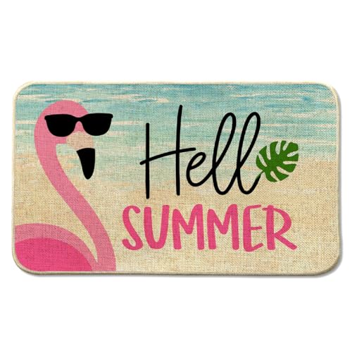 4TH Emotion Dekorative Fußmatte mit Sommer-Flamingo, Hello Beach, saisonaler Urlaub, niedriges Profil, Fußmatte für drinnen und draußen, 43,2 x 73,2 cm von 4TH Emotion