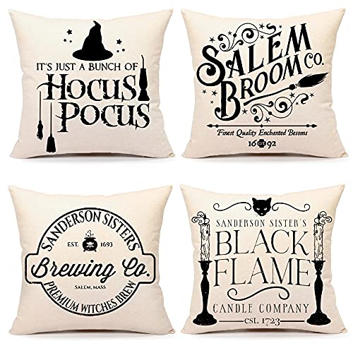 4TH Emotion Halloween Decor Kissenbezüge 20x20 Set von 4 Halloween Dekorationen Hocus Pocus Farmhouse Spruch Outdoor Fall Kissen Dekorative Wurfkissen Fall für Home Couch TH023-20 von 4TH Emotion