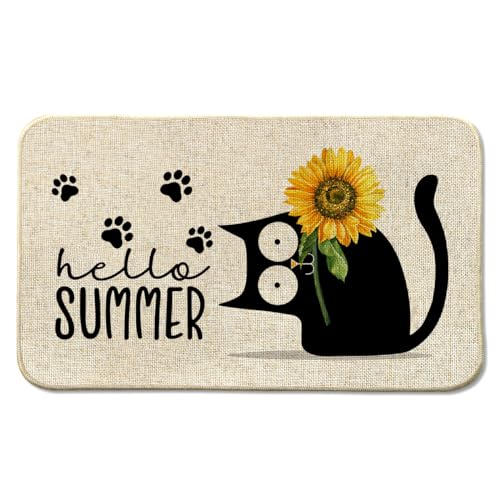 4TH Emotion Hello Summer Katzen-Fußmatte, gelb-schwarz, Fußmatte für Innen- und Außenbereich, Veranda, Eingang, 43,2 x 73,2 cm von 4TH Emotion