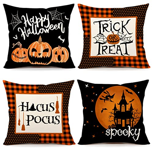 Halloween-Deko-Kissenbezüge, 45.7x45.7 cm, 4 Stück, Halloween-Dekorationen, Hocus Pocus, Bauernhaus, Spruch, Orange, Schwarz, Outdoor, dekorativer Überwurf-Kissenbezug für Zuhause, Couch TH174 von 4TH Emotion