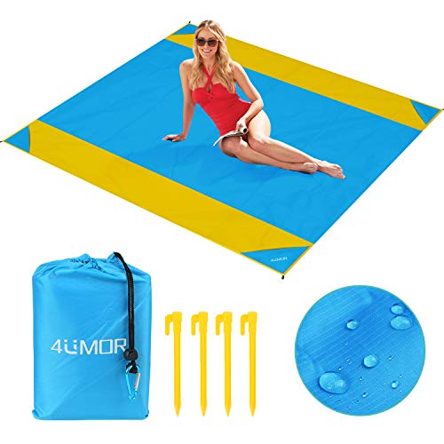 4UMOR wasserdichte Stranddecke Ultral Picknickdecke Schnelltrockende Tragbare Campingdecke mit Zeltstöpsel sandabweisende Strandtuch für Camping, Garten, BBQ, Wandern, Reisen 200 * 210 (Blau&Gelb) von 4UMOR