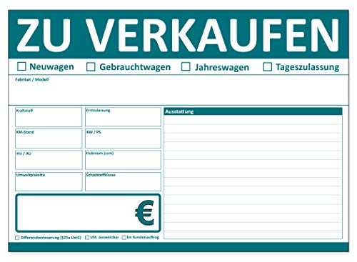 KFZ-Schilder ZU VERKAUFEN nass abwischbar, beidseitig bedruckt, für Auto Handel, Schnellversand (25) von 4WAY Verlag