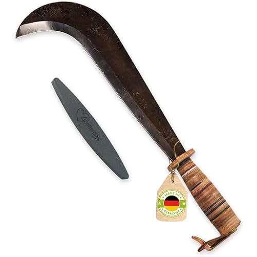 4betterdays.com Handgeschmiedetes Schweizer Gertel mit Ledergriff inkl. Gratis Schleifstein - Staudensichel, Handsichel, Sichel Garten, Sichelmesser/made in Germany von 4betterdays.com NATURlich leben!