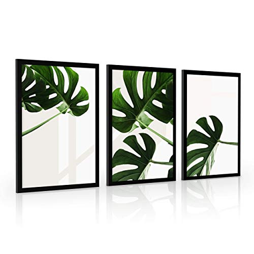Estika Bilder set mit rahmen - Monstera Grün - Wählen größe (3x A2 oder 3x A3) und farbe des rahmens (4 Farben) - Moderne deko poster set, Wandbild wohnzimmer oder schlafzimmer von Estika
