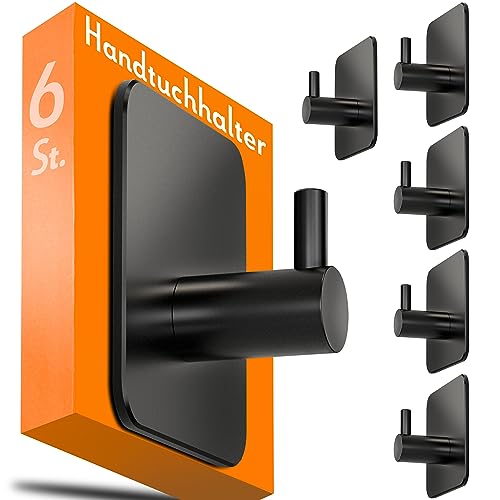 4smile Handtuchhalter ohne Bohren, schwarz - 6er-Set Badezimmer Handtuchhalter, Klebehaken aus Edelstahl, wasserfeste Haken für Bad, WC, Küche - Hochwertige Haken selbstklebend, Handtuchhaken von 4smile