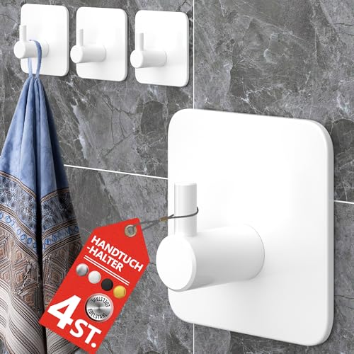 4smile Handtuchhalter ohne Bohren, 4er-Set in Weiß - Edelstahl Badezimmer Handtuchhalter, Klebehaken mit guter Tragkraft - Haken selbstklebend, wasserfeste Haken als Handtuchhaken für Bad, Küche von 4smile