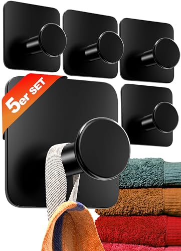 4smile Handtuchhalter ohne Bohren, schwarz - 5 Stück Badezimmer Handtuchhalter, Klebehaken aus Edelstahl, moderne Haken für Bad, WC, Küche - Wasserfeste Haken selbstklebend, Handtuchhaken von 4smile