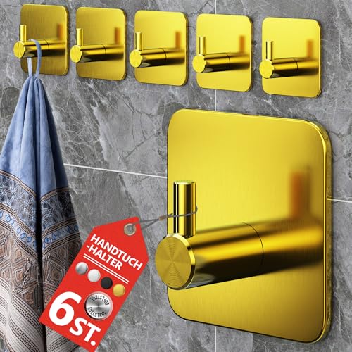 4smile Handtuchhalter ohne Bohren, 6er-Set in Gold - Edelstahl Badezimmer Handtuchhalter, Klebehaken mit guter Tragkraft - Haken selbstklebend, wasserfeste Haken als Handtuchhaken für Bad, Küche von 4smile