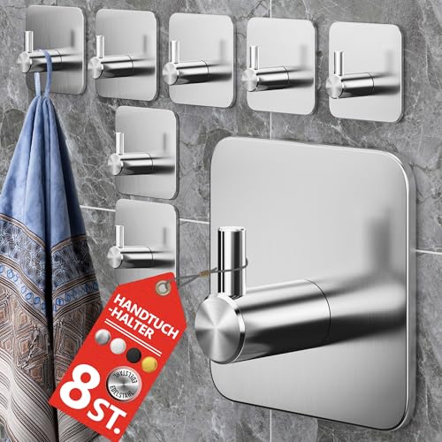 4smile Handtuchhalter ohne Bohren, 8er-Set in Silber - Edelstahl Badezimmer Handtuchhalter, Klebehaken mit guter Tragkraft - Haken selbstklebend, wasserfeste Haken als Handtuchhaken für Bad, Küche von 4smile
