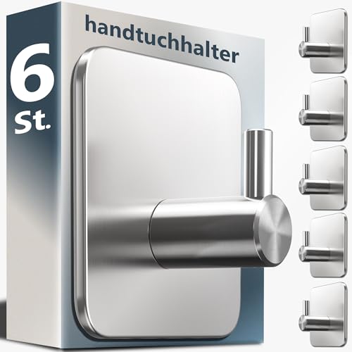 4smile Handtuchhalter ohne Bohren aus Edelstahl, Silber - 6 Stück Badezimmer Handtuchhalter, wasserfeste Klebehaken für Bad, WC, Küche - Haken selbstklebend, rostfreie Haken als Handtuchhaken von 4smile