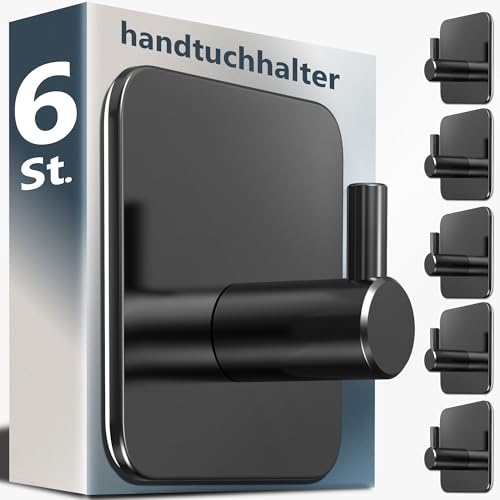 4smile Handtuchhalter ohne Bohren, 6 Stück Badezimmer Handtuchhalter aus Edelstahl, Schwarz wasserfeste Klebehaken für Bad, WC, Küche, Haken selbstklebend, ideal als funktionale Handtuchhaken von 4smile