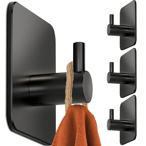 4smile Handtuchhalter ohne Bohren, 4er Set - Schwarze Edelstahl Klebehaken als Handtuchhaken, wasserdichte Haken selbstklebend - Rostfreie Badezimmer Handtuchhalter, Haken für Bad und Küche von 4smile