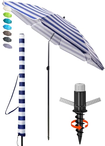 4smile Sonnenschirm Strand SunnyJoy, 3-IN-1 Set - UPF 50+ Strandschirm 180 cm + Sonnenschirm Schutzhülle + Bodenhülse - Strandschirm windfest stabil, Sonnenschutz Strand, Blau-Weiß von 4smile