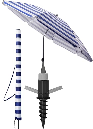 4smile Sonnenschirm Strand SunnyJoy 3-IN-1-SET, Fb. Blau-Weiß - Strandschirm Ø 180 cm + Bodenhülse + Sonnenschirm Schutzhülle - Strandschirm windfest stabil mit UV-Schutz 50+ von 4smile