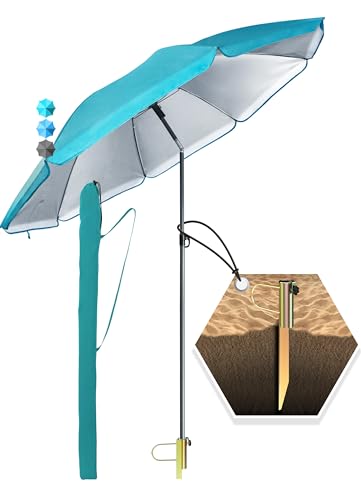 4smile SunnyJoy 3-IN-1 Set mit Sonnenschirm Strand in Türkis - Strandschirm windfest stabil 200 cm mit Hülle + Rasendorn Sonnenschirmhalter - Sonnenschirm mit Rasendorn für Garten, Schirmspieß von 4smile