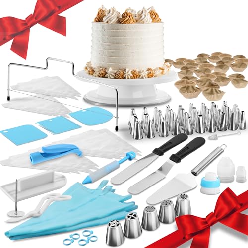 4smile Torten Zubehör Set, 142 Teile - Tortenplatte drehbar + Set Tortendekoration, ideal für Back-Anfänger - Backset mit Edelstahl Spritztüllen - Backzubehör für Torten deko Terra von 4smile