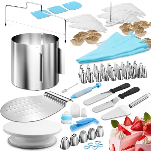 4smile Torten-Zubehör-Set 144 Teile - Tortenring verstellbar hoch 15 cm + Tortenschneider + Tortenheber + Streichwerkzeug + Tortenplatte drehbar + XXL Torten-Deko Set von 4smile