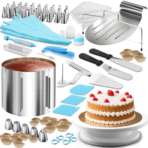 4smile Torten-Zubehör-Set 144 Teile - Tortenring verstellbar hoch 20 cm + Tortenschneider + Tortenheber + Streichwerkzeug + Tortenplatte drehbar + XXL Torten-Deko Set von 4smile