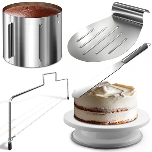 4smile Torten-Zubehör-Set 5 Teile - Tortenring verstellbar hoch 20 cm + Tortenschneider + Tortenheber + Tortenplatte drehbar + Streichpalette - Praktisches Backzubehör-Set von 4smile