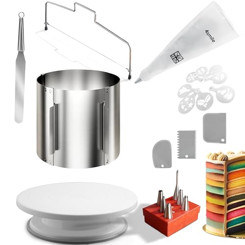 4smile Torten-Zubehör-Set 22 Teile - Tortenring verstellbar hoch 15 cm, Tortenschneider, Tortenplatte drehbar, Streichpalette, Teigkarte, Spritzbeutel mit Tüllen, Tortenschablone von 4smile