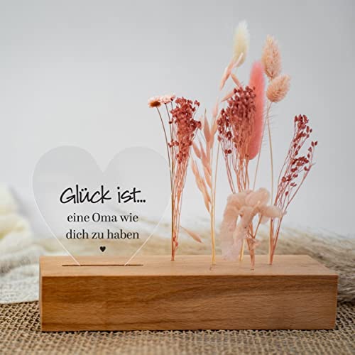 4you Design Trockenblumenständer Glück ist eine Oma wie Dich zu haben, Blumenständer Holz inkl. Trockenblumen zum Muttertag, Geburtstag, Weihnachten, Schöne Geschenkidee für alle Mütter von 4youDesign