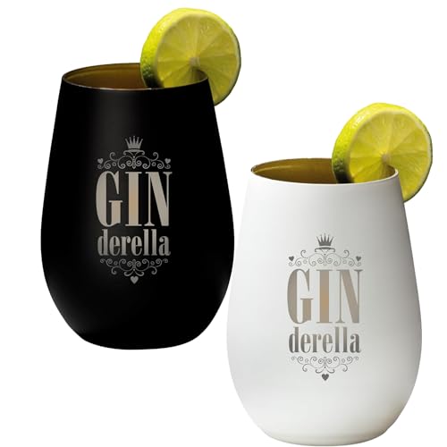 4you Design 2-er Set Gin Tonic Glas mit Spruch GINderella – Geschenk für Männer, Frauen zum Muttertag oder Vatertag – Tumbler-Party-Glas aus Kristallglas – Schwarz & Weiß – 465ml von 4you Design