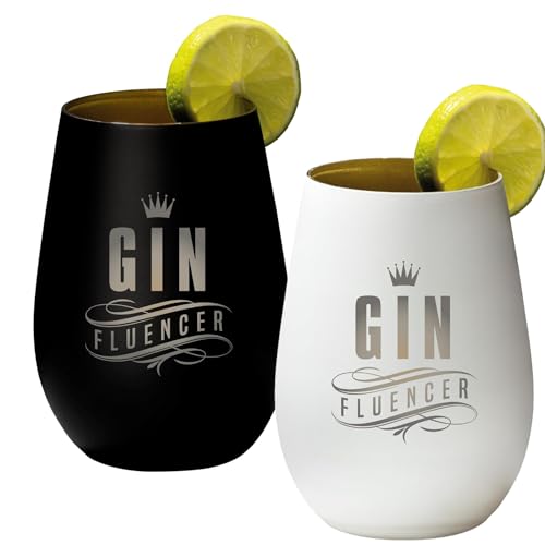 4youDesign 2-er Set Gin Tonic Glas mit Spruch GINfluencer – Geschenk für Männer, Frauen zum Muttertag oder Vatertag – Tumbler-Party-Glas aus Kristallglas – Schwarz & Weiß – 465ml von 4youDesign