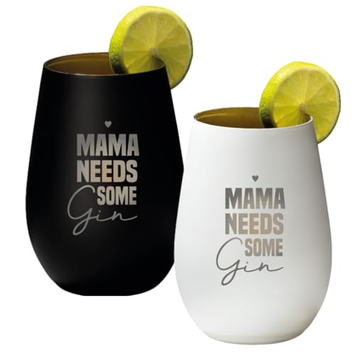 4you Design 2-er Set Gin Tonic Glas mit Spruch Mama needs same GIN – Geschenk für Männer, Frauen zum Muttertag oder Vatertag – Tumbler-Party-Glas aus Kristallglas – Schwarz & Weiß – 465ml von 4you Design
