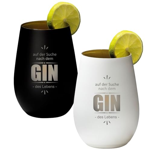 4you Design 2-er Set Gin Tonic Glas mit Spruch der GIN des Lebens – Geschenk für Männer, Frauen zum Muttertag oder Vatertag – Tumbler-Party-Glas aus Kristallglas – Schwarz & Weiß – 465ml von 4you Design