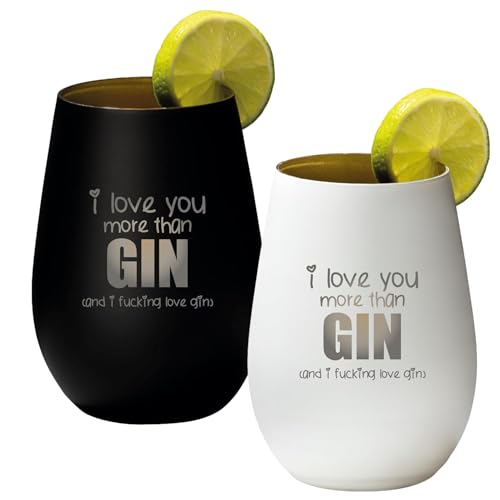 4you Design 2-er Set Gin Tonic Glas mit Spruch i love you more than GIN – Geschenk für Männer, Frauen zum Muttertag oder Vatertag – Tumbler-Party-Glas aus Kristallglas – Schwarz & Weiß – 465ml von 4you Design