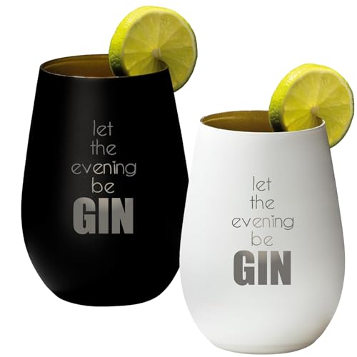 4you Design 2-er Set Gin Tonic Glas mit Spruch let the evening beGin – Geschenk für Männer, Frauen zum Muttertag oder Vatertag – Tumbler-Party-Glas aus Kristallglas – Schwarz & Weiß – 465ml von 4you Design