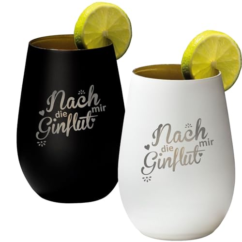 4you Design 2-er Set Gin Tonic Glas mit Spruch nach mir die GINflut – Geschenk für Männer, Frauen zum Muttertag oder Vatertag – Tumbler-Party-Glas aus Kristallglas – Schwarz & Weiß – 465ml von 4you Design