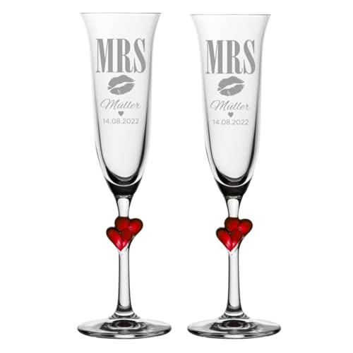 4you Design 2-er Set Sektgläser rote Herzen personalisiert zur Hochzeit – Hochzeitsgeschenk mit Gravur Name & Datum – Mrs. & Mrs. Motiv – Geschenk zum Jubiläum, Verlobung, Valentinstag von 4you Design